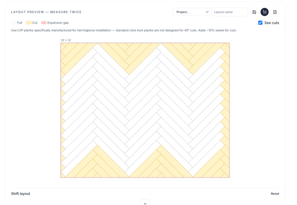 Herringbone flooring layout preview with expansion gap and cut pieces
